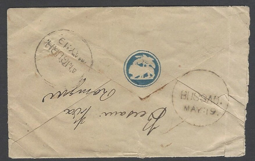 AOPIMT India QV cover canc octogonal "T/2 I/BOMBAY/MAY:13"