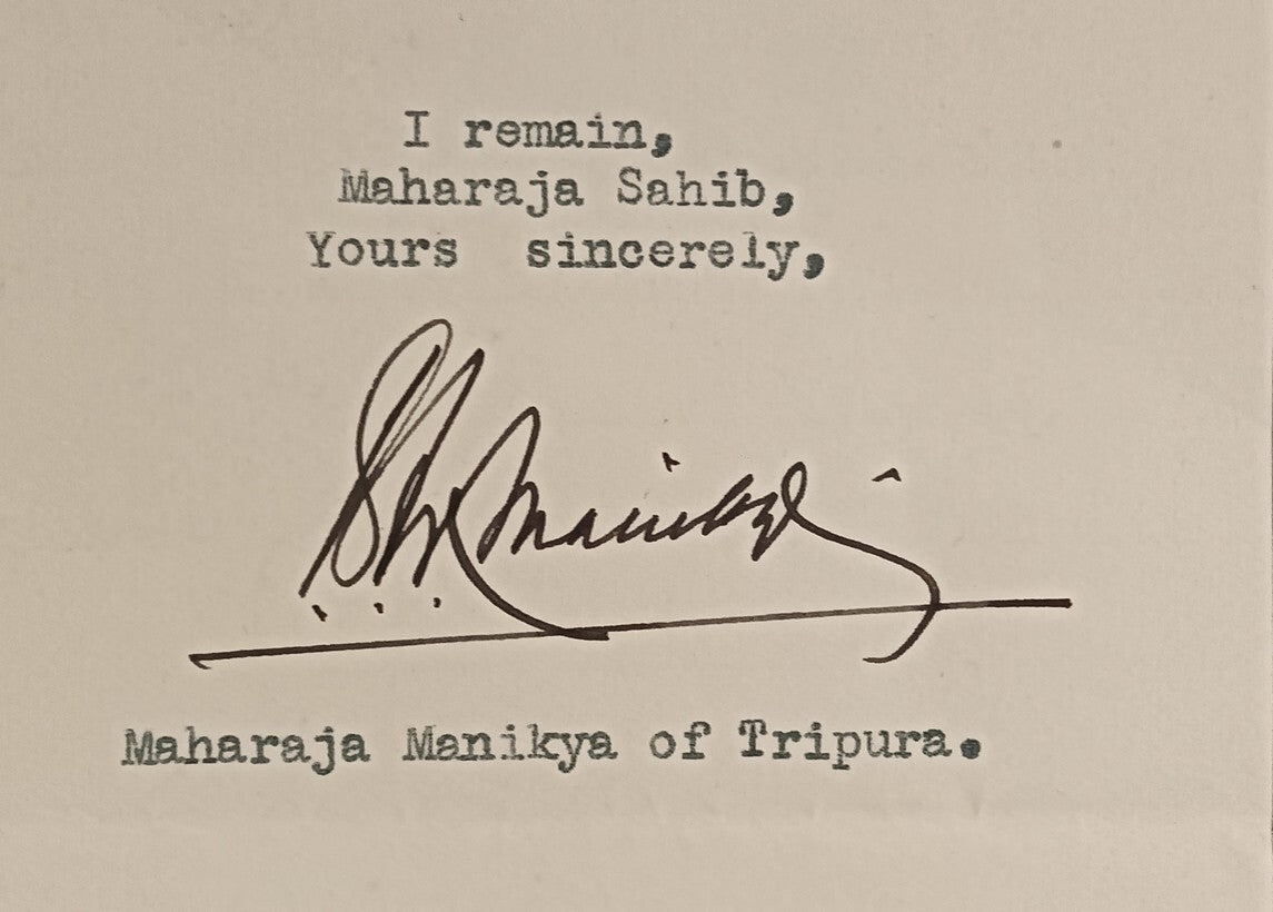 TRIPURA STATE India 1942 crested letter signed Bikram Kishore Manikya Deb Barman