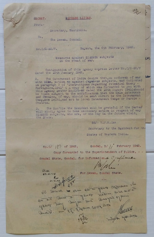 India WW2 1942 letter MEASURES AGAINST SIAMESE subjects in the EVENT OF WAR