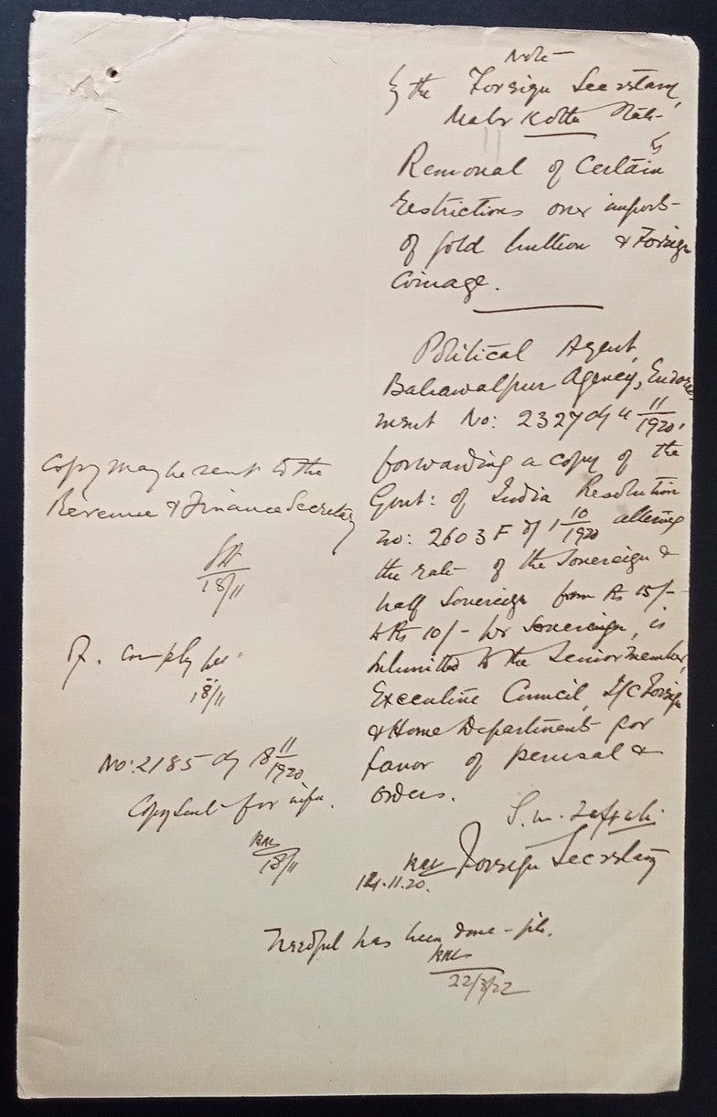 India 1915 documents about re-settings the valuations of Gold Coins, etc.