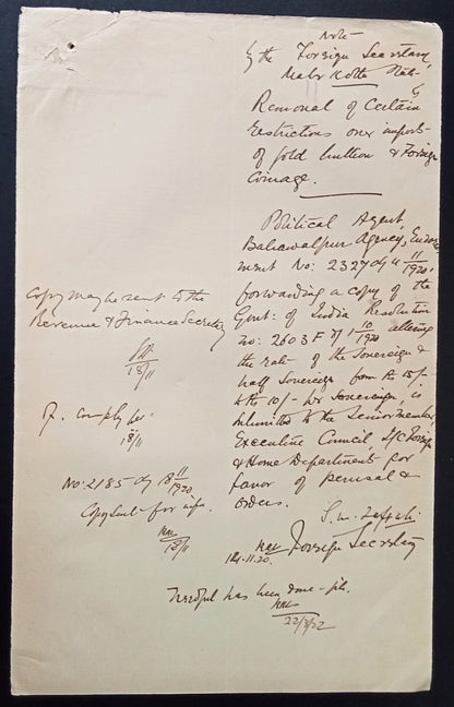 India 1915 documents about re-settings the valuations of Gold Coins, etc.