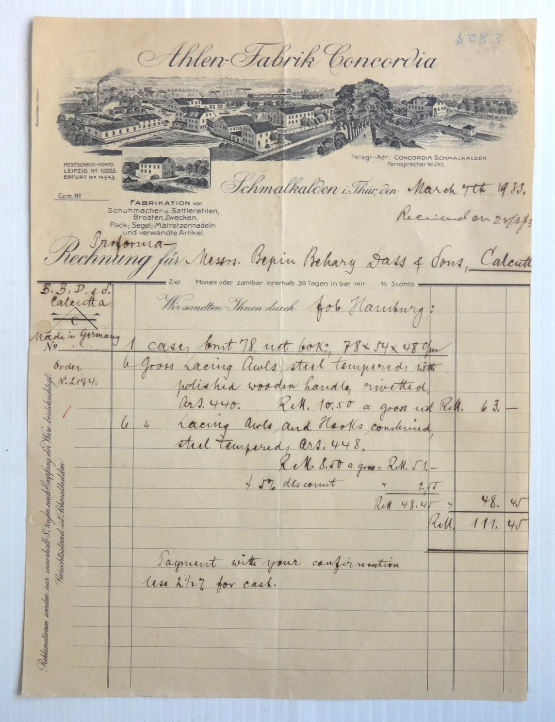 Germany Ahlen Fabrik Concordia Shoe Factory 1933 illustrated letterhead to India