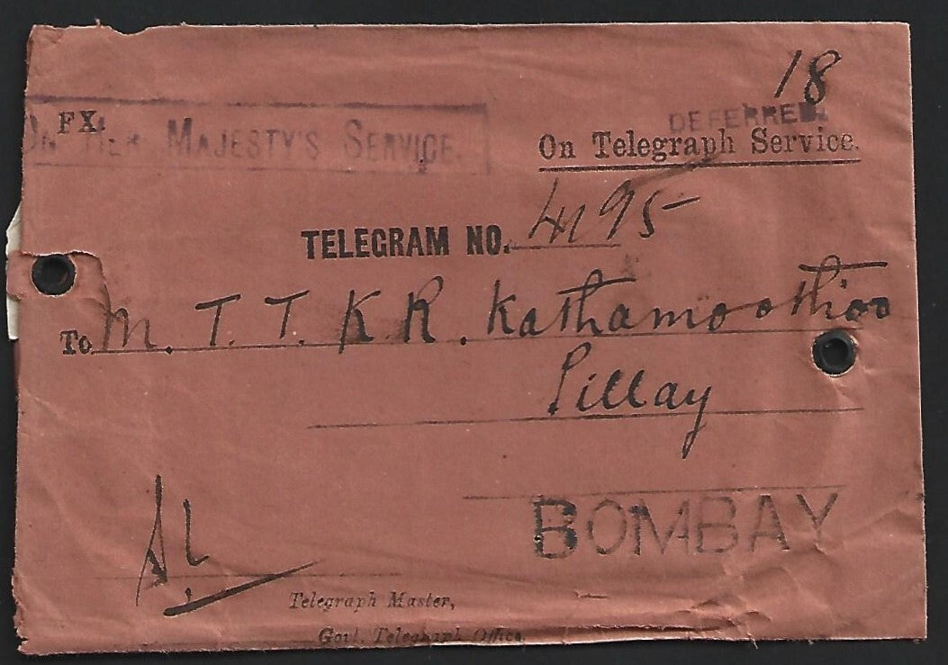 India 1890 OHMS telegram Madras to Bombay & red envelope with postmarks