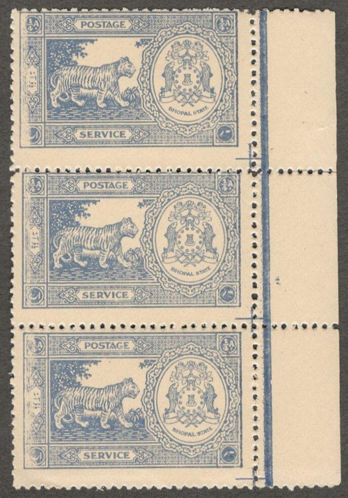 (AOP) India BHOPAL State 1940 1/4a blue TIGER strip of 3 MNH. SG O344 £30