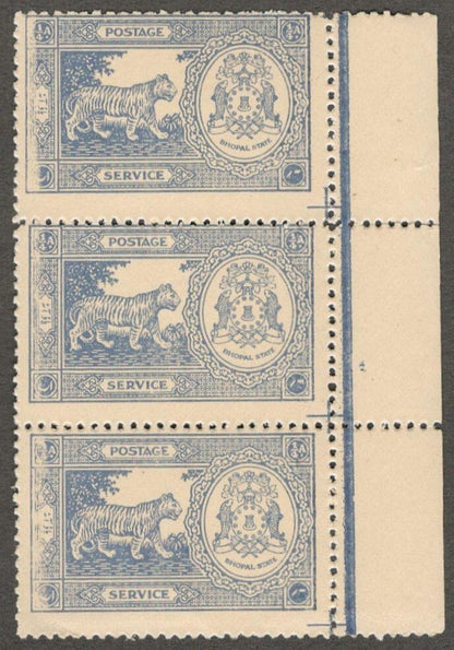 (AOP) India BHOPAL State 1940 1/4a blue TIGER strip of 3 MNH. SG O344 £30