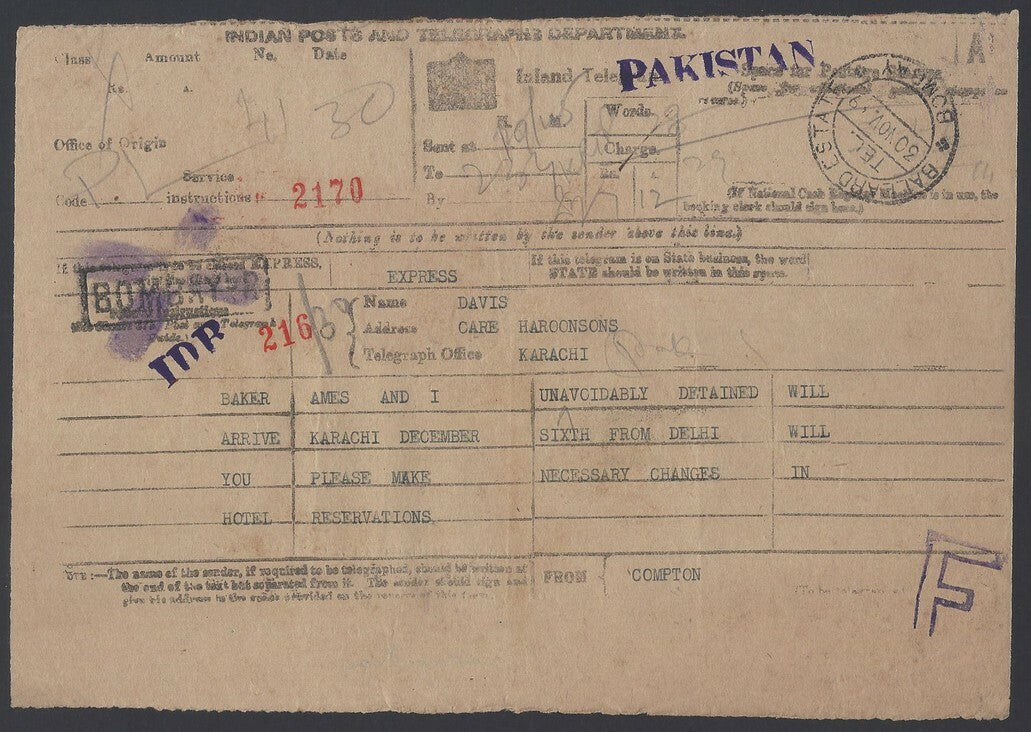 India 1949 Telegram with 1949 UPU 12a etc