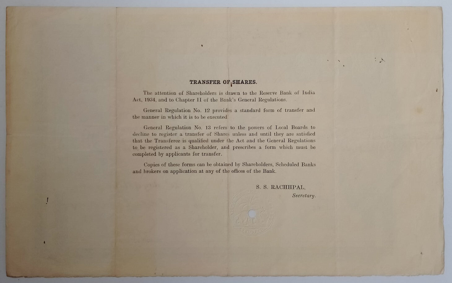 (AOP) India share certificate RESERVE BANK OF INDIA 1935