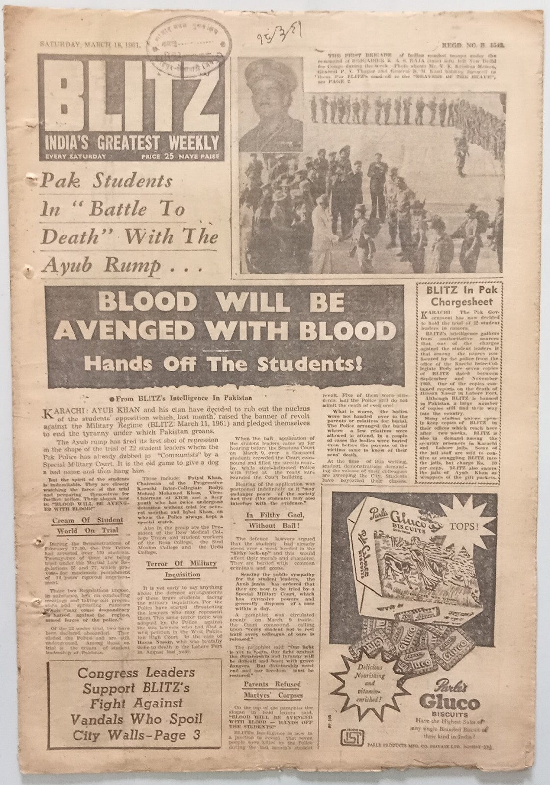 India BLITZ 18 Mar 1961 PAK STUDENTS IN "BATTLE TO DEATH" WITH THE AYUB RUMP…(R 