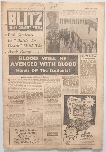 India BLITZ 18 Mar 1961 PAK STUDENTS IN "BATTLE TO DEATH" WITH THE AYUB RUMP…(R 