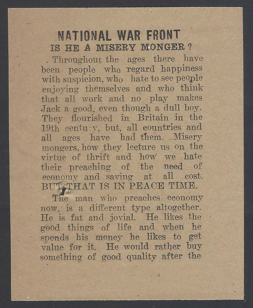 AOP India WW2 propaganda Is He a Misery Monger ? Leaflet