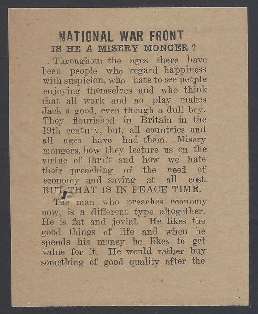 AOP India WW2 propaganda Is He a Misery Monger ? Leaflet