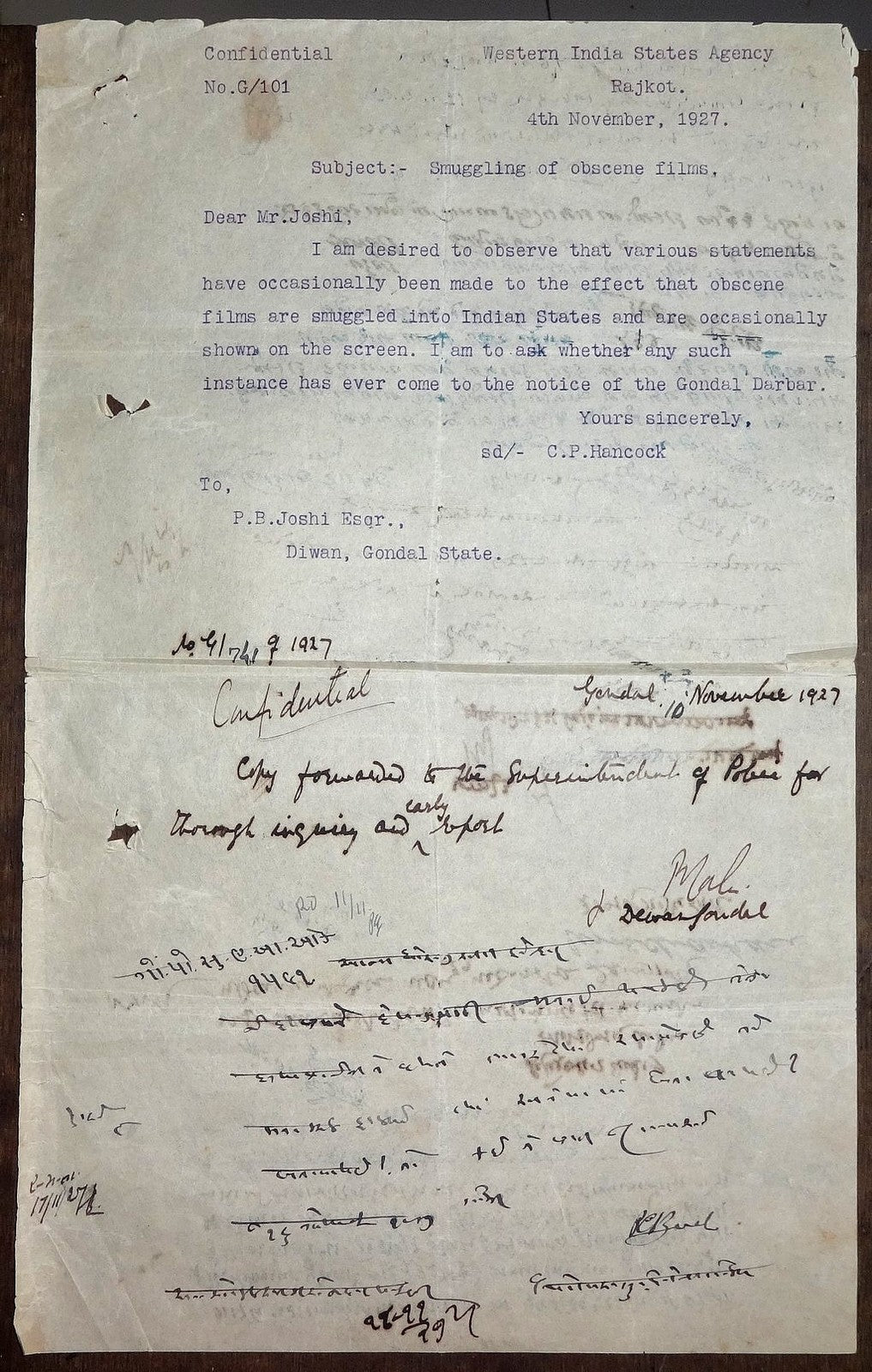 India 1927 confidential correspondence obscene movies smuggled into India States