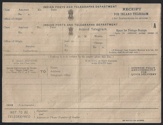 India 1948 mint telegram printed by SURVEY OF INDIA