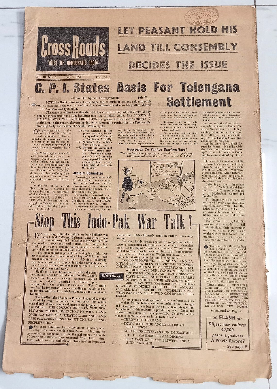 AOP India Cross Roads newspaper 1951 issue Stop This Indo-Pak War Talk! R