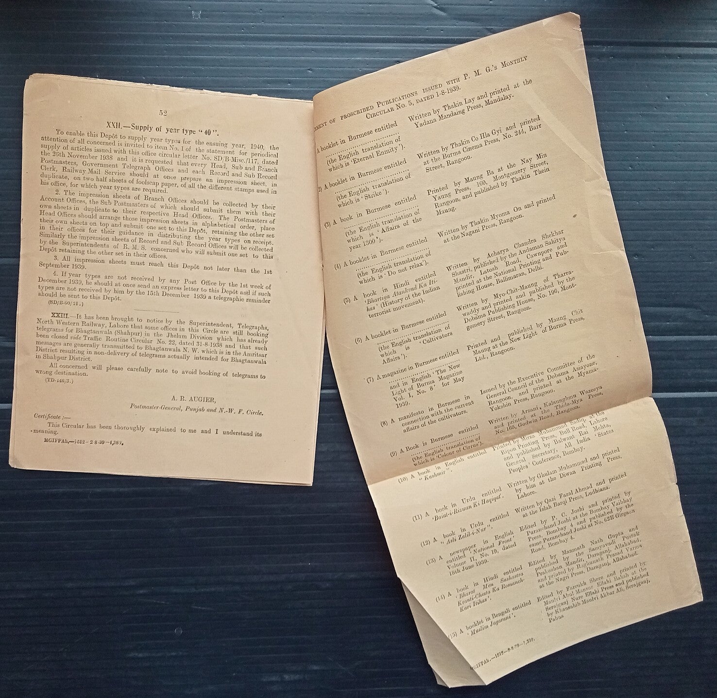India 1939 POSTAL NOTICE several topics Interception of banned publications