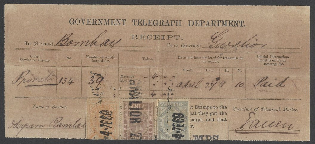 AOPIMT India QV 1869 Telegraphs early usage on receipt GWALIOR April 1869