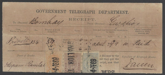 AOPIMT India QV 1869 Telegraphs early usage on receipt GWALIOR April 1869