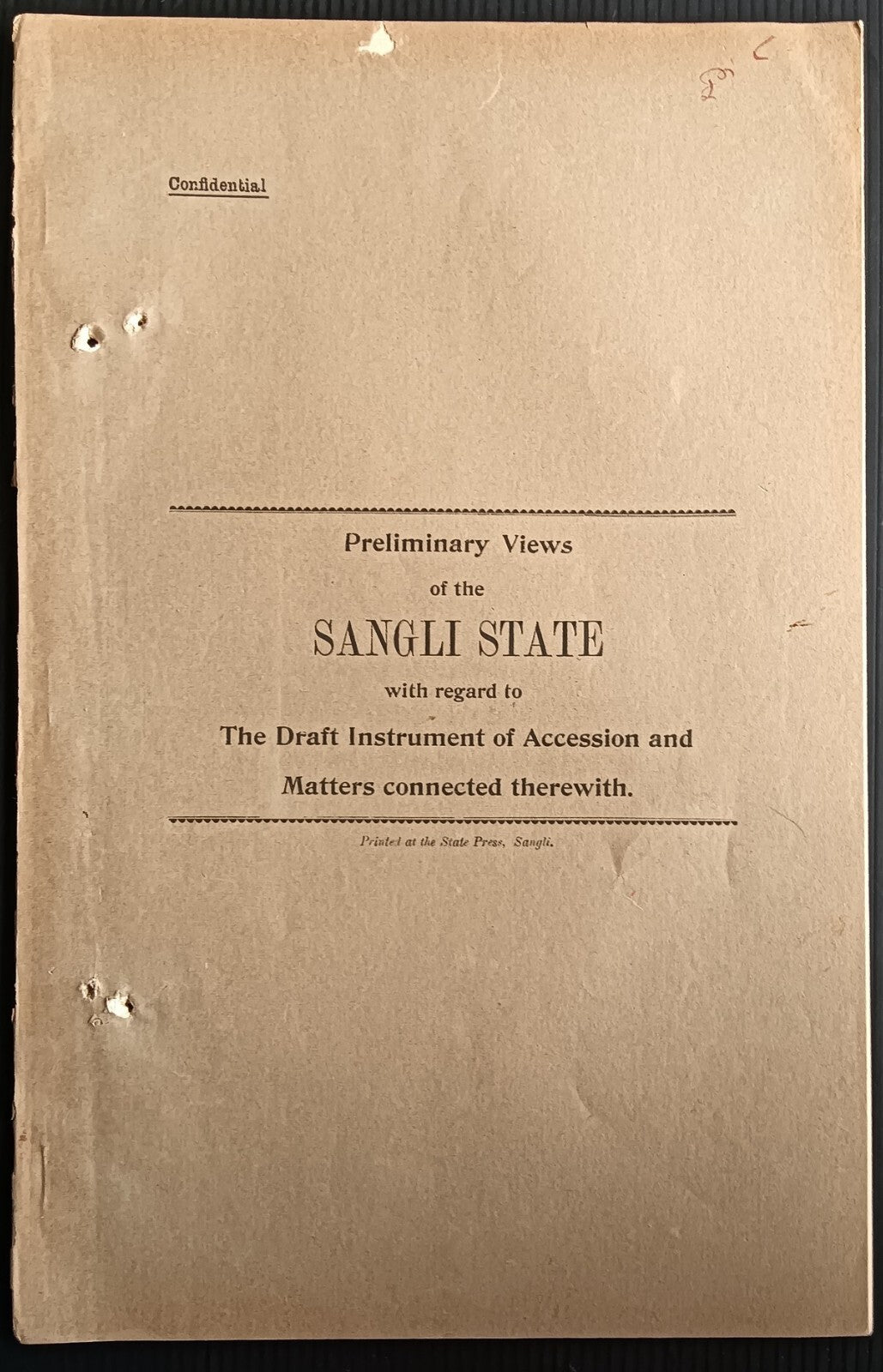 India 1937 ACCESSION Negotiations Views of SANGLI STATE 21pgs printed