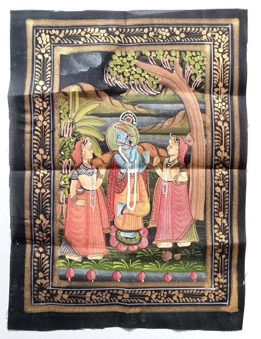 India vintage hand painting on cloth RADHA, KRISHNA & BALRAM 9 x 12 inches