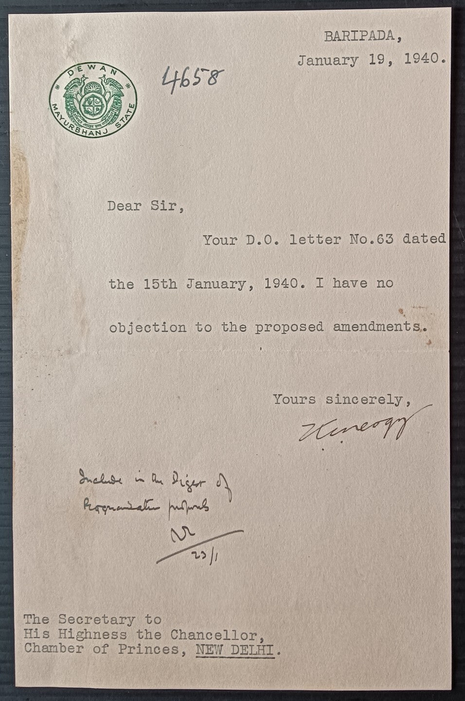 India DEWAN MAYURBHANJ STATE 1940 signed crested letter