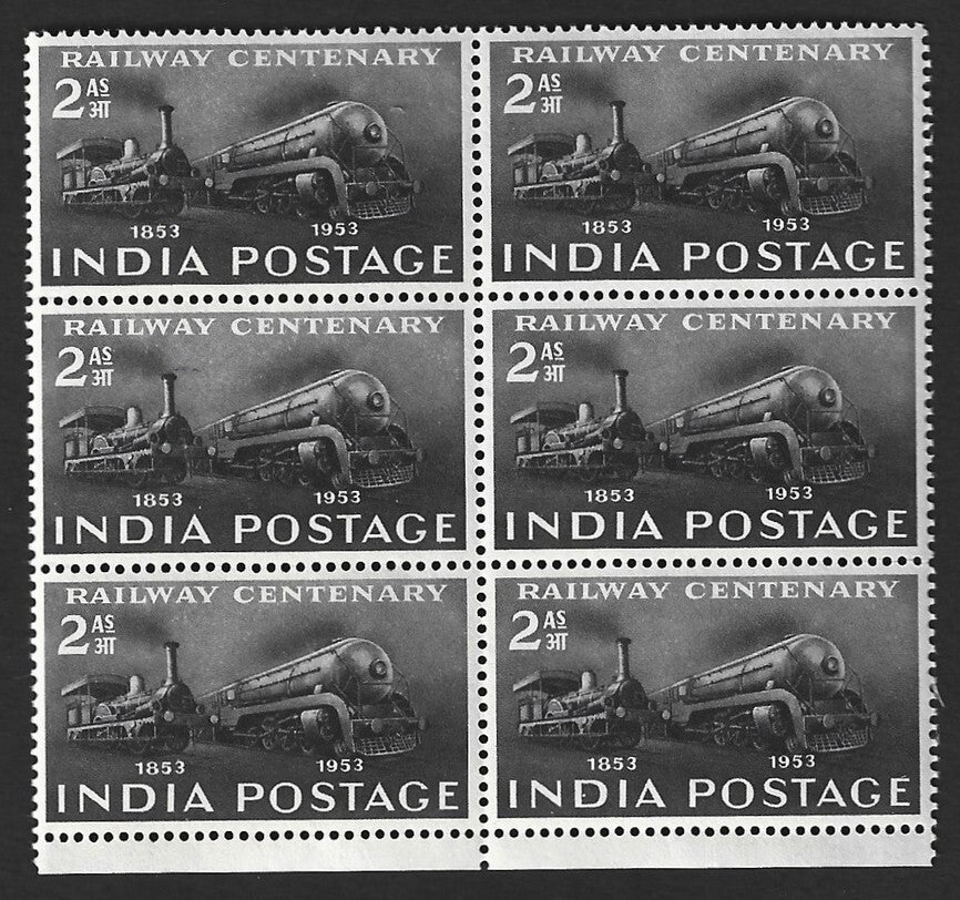 India 1948 Railway Centenary 2a MNH block of 6