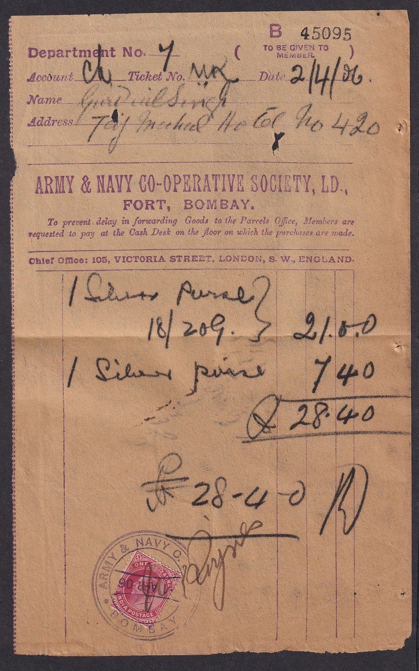 India ARMY & NAVY CO-OP SOCIETY, Bombay 1906 billhead with revenue stamp