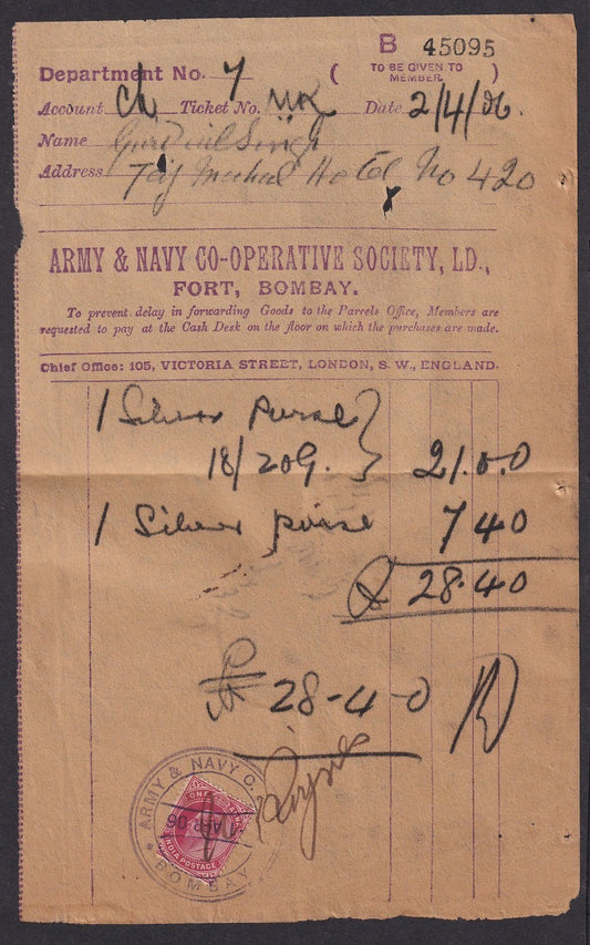 India ARMY & NAVY CO-OP SOCIETY, Bombay 1906 billhead with revenue stamp