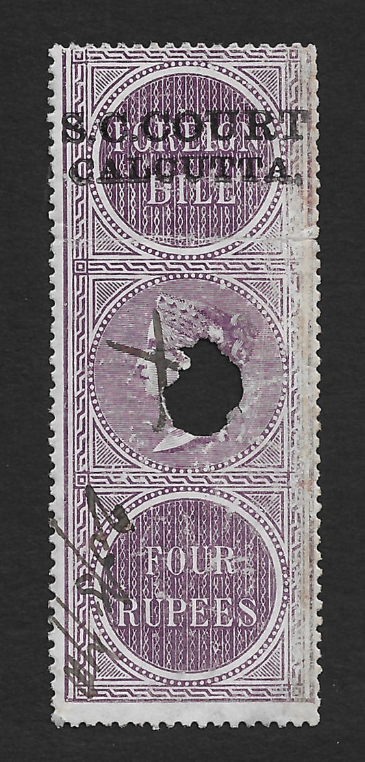 India SMALL CAUSE COURT CALCUTTA QV 1868 QV 4R on Foreign Bill used Barefoot #11