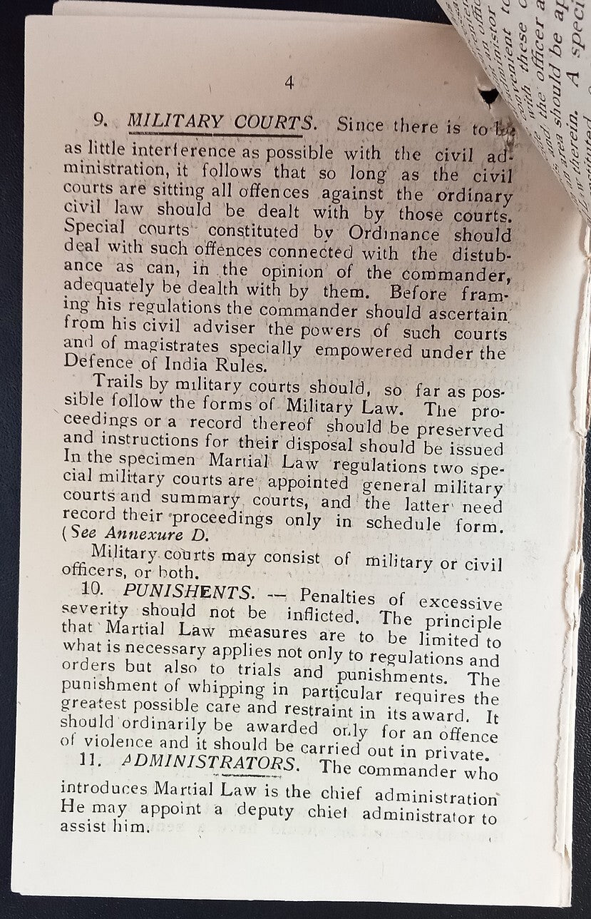 India 1946 CONFIDENTIAL booklet CENTRAL COMMAND MARTIAL LAW INSTRUCTIONS 21pgs
