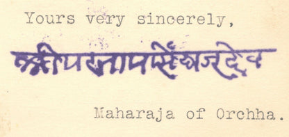 India ORCHA STATE crested letter 1927 MAHARAJA Vir Singh II rubberstamp