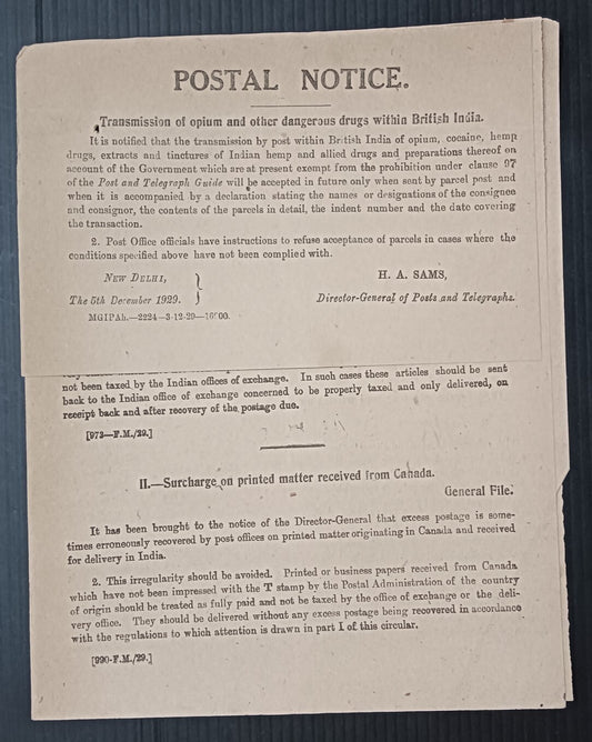 India 1929 POSTAL NOTICE + CIRCULAR Transmission of Opium & dangerous drugs