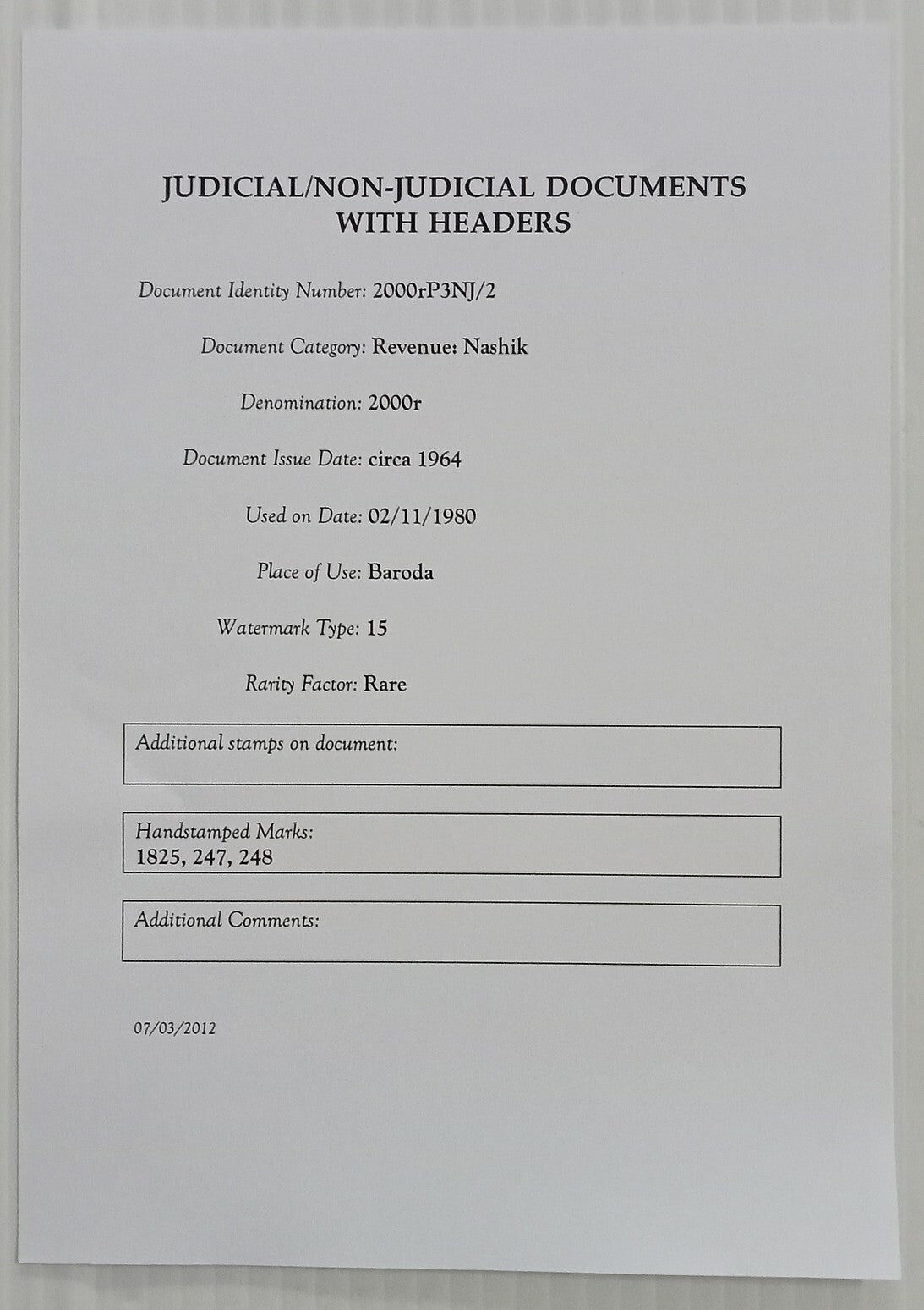 AOP India Capital 2000R stamp paper Wmk Type 15