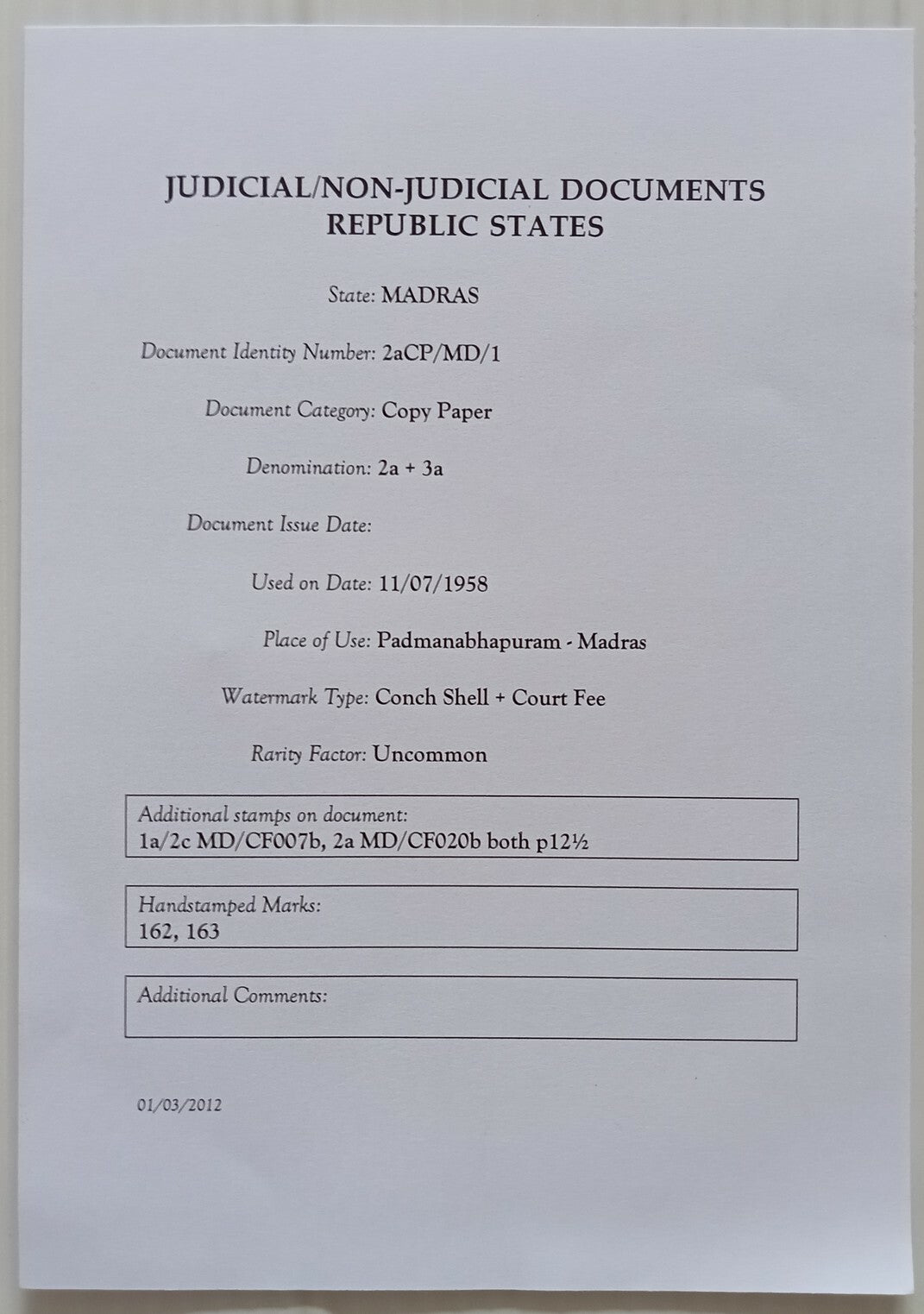 AOP India Travancore Court Fees & stamp paper ovpt STATE OF MADRAS