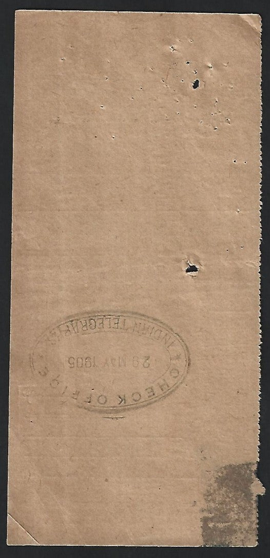India BGJP Railway 1905 telegraph receipt