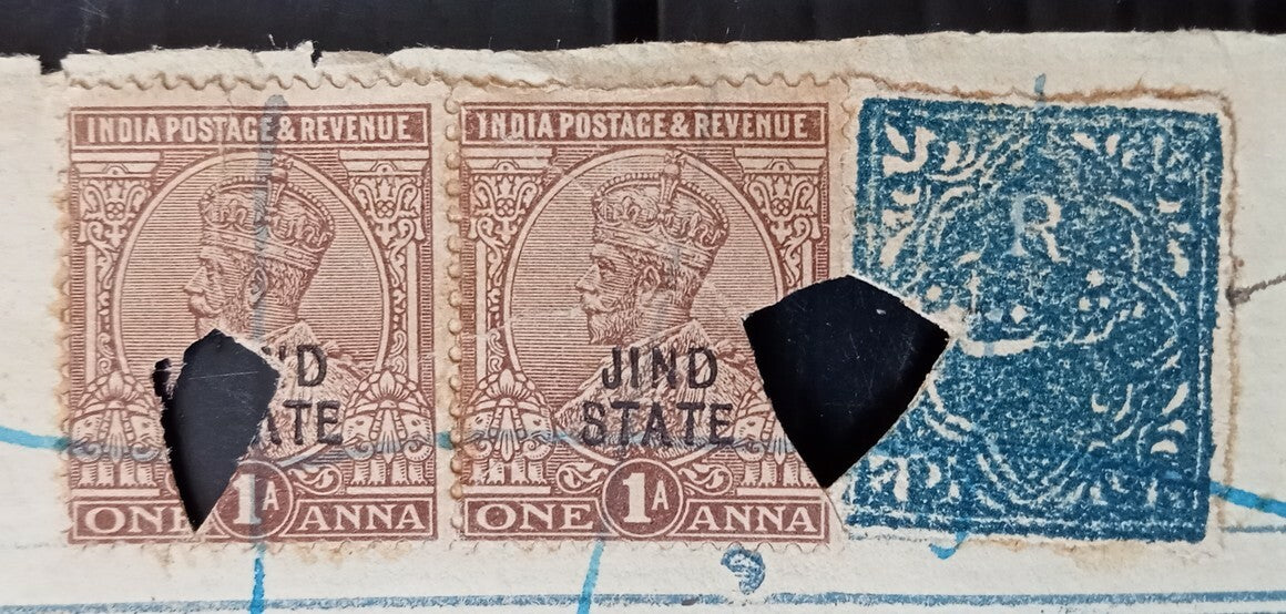 AOP India Jind State postage stamps used as revenue on 2a blue stamp paper