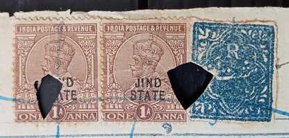 AOP India Jind State postage stamps used as revenue on 2a blue stamp paper