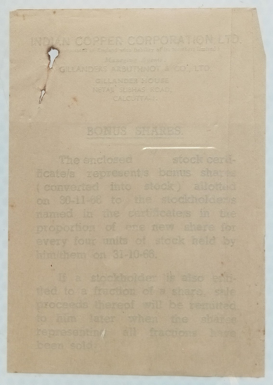India INDIAN COPPER CORPORATION 1966 share certificate