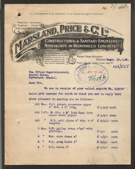 India 1926 illustrated letterhead MARSLAND, PRICE SANITARY ENGINEERS Bombay