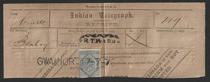 India 1876 telegraph receipt canc. GWALIOR