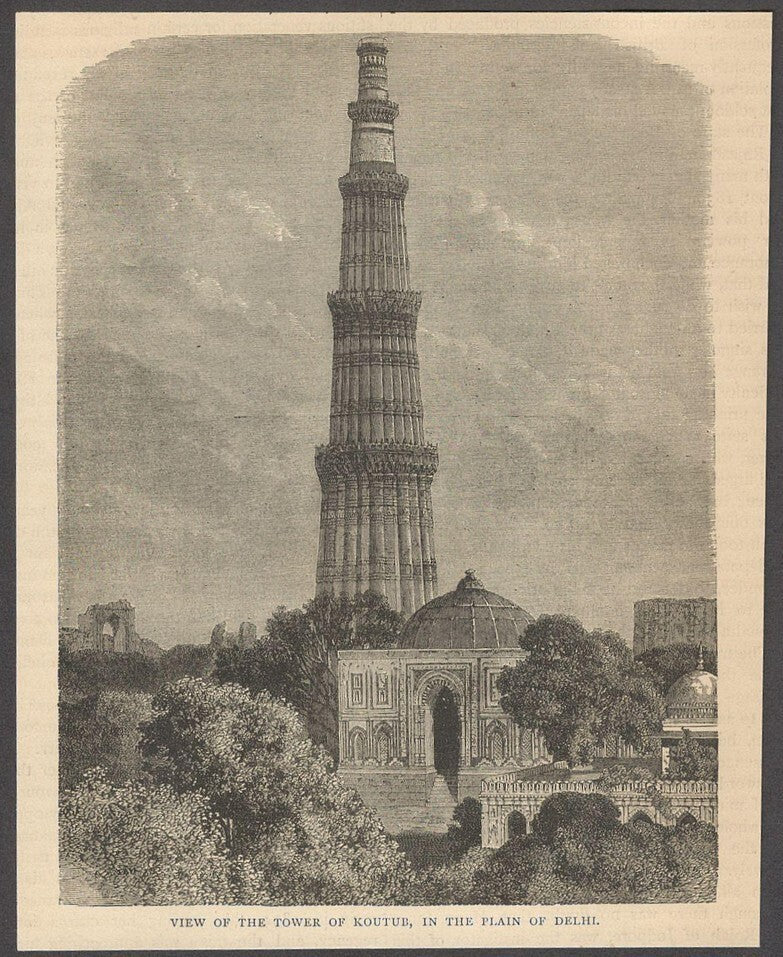 India THE TOWER OF KOUTUB, DELHI engraved print - Rousslet 1876 6.5"x5.5"