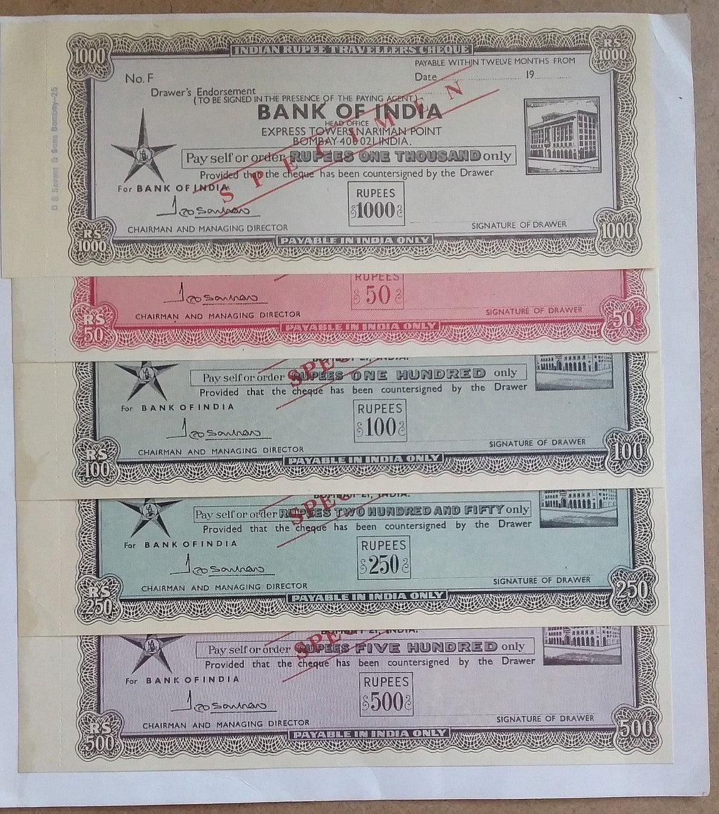 Bank of India SPECIMEN Travelers cheques (5) in folder