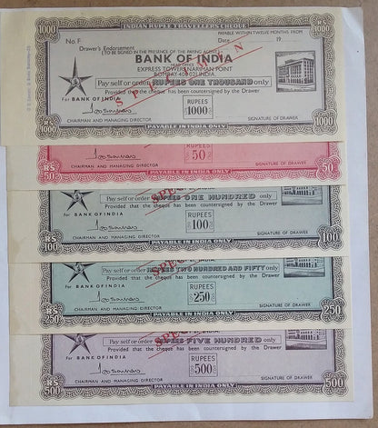 Bank of India SPECIMEN Travelers cheques (5) in folder