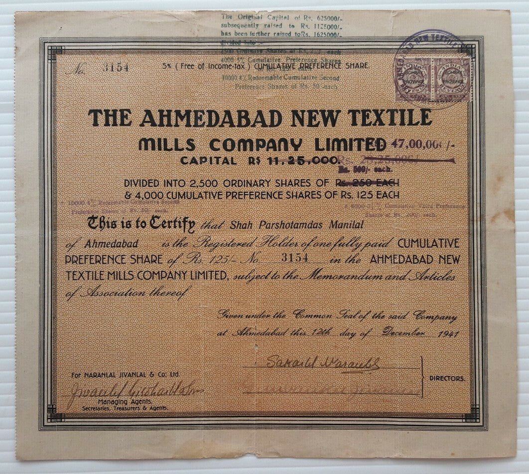 India The Ahmedabad New Textiles Mills Co. 1941 share certificate NO - 3154