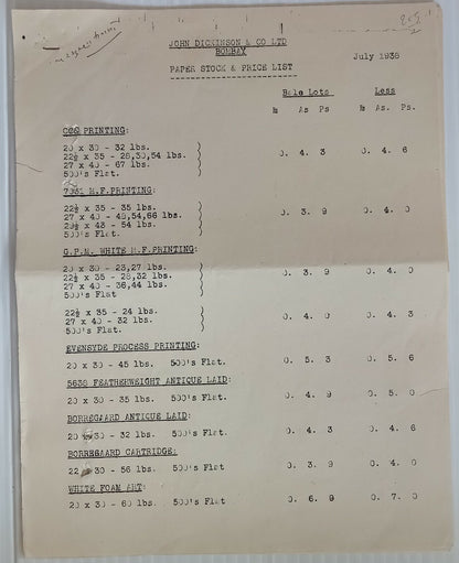 AOP 1938 India John Dickinson & Co. Bombay Paper Stock & Price List