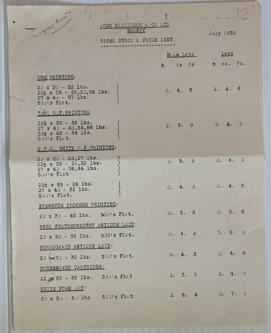 AOP 1938 India John Dickinson & Co. Bombay Paper Stock & Price List