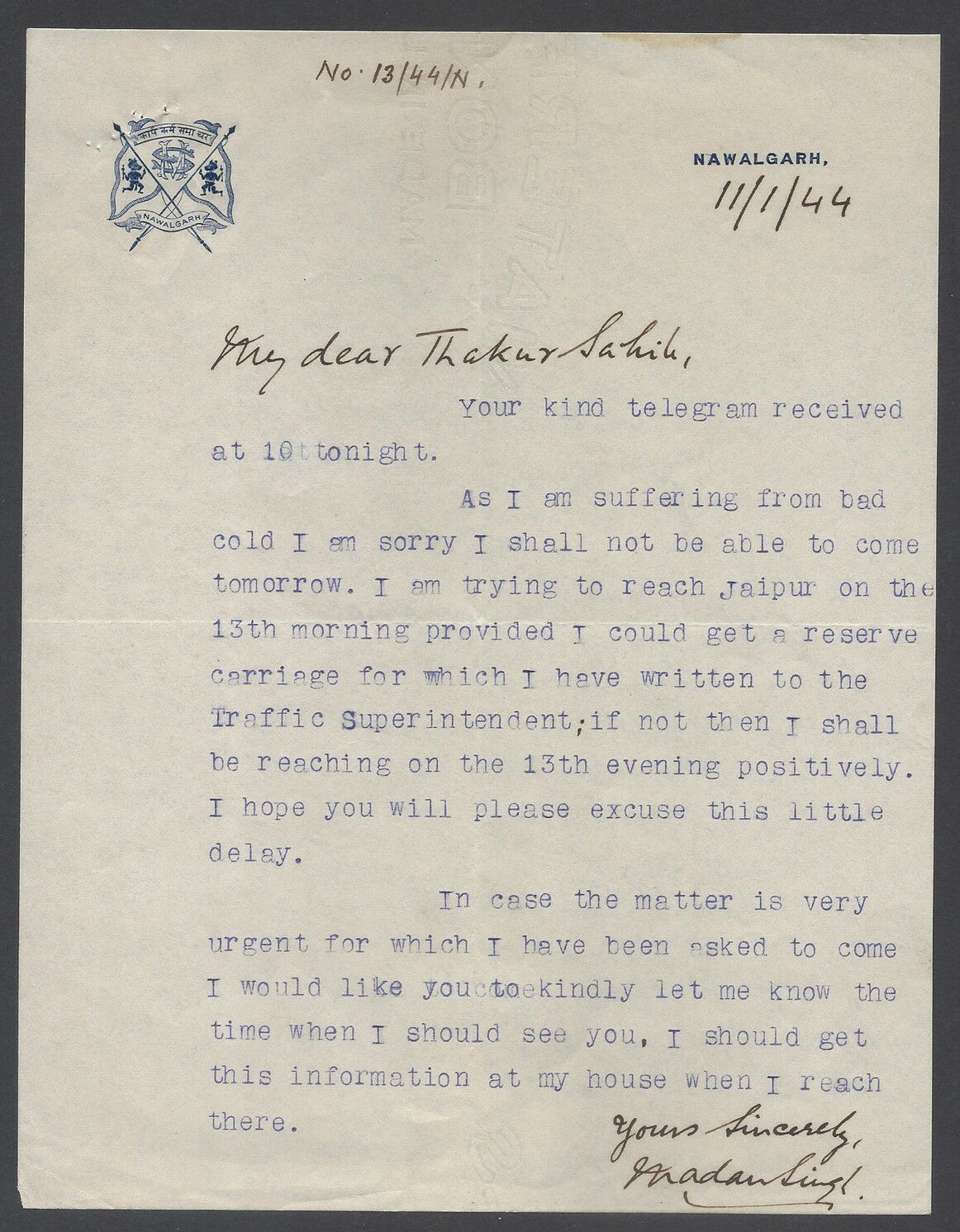 AOP India 1943 crested letter signed by the Ruler of Nawalgarh Rawal Madan Singh