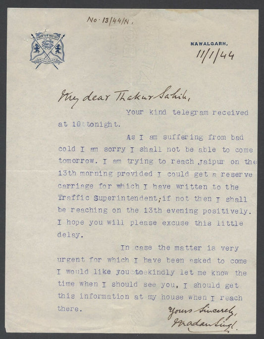 AOP India 1943 crested letter signed by the Ruler of Nawalgarh Rawal Madan Singh