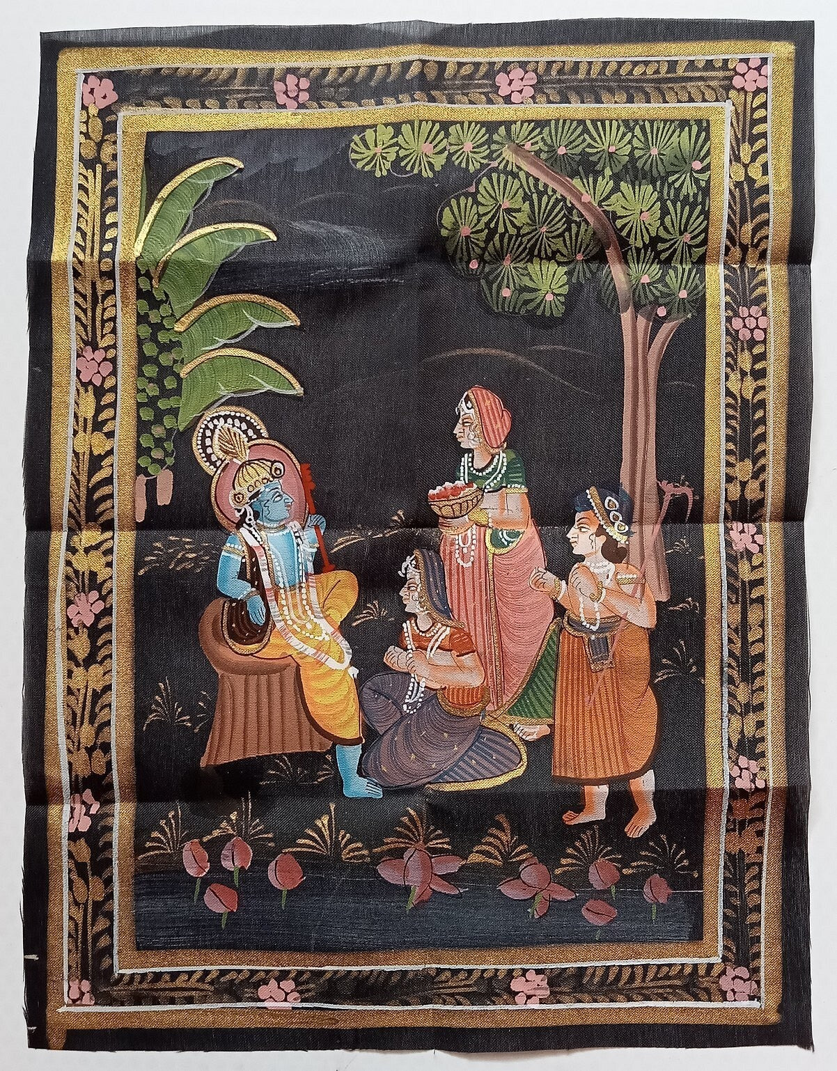 India vintage hand painting on cloth RADHA, KRISHNA & BALRAM 9 x 12 inches