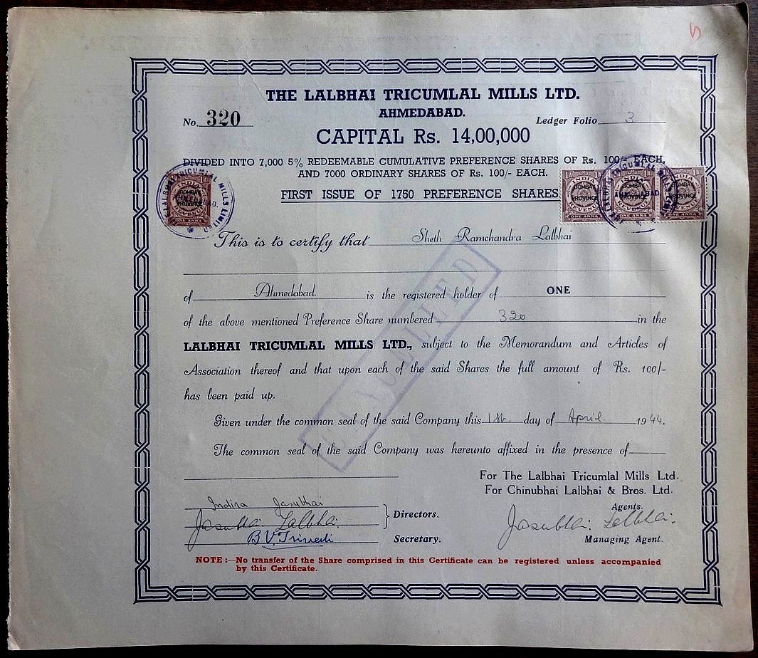India Lalbhai Tricumlal Mills Ltd 1944 share certificate wi stamps