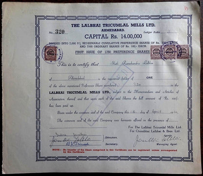 India Lalbhai Tricumlal Mills Ltd 1944 share certificate wi stamps
